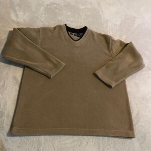 Vintage Trader Bay Mens Large Fleece V-Neck Pullover Sweater Brown Long Sleeve